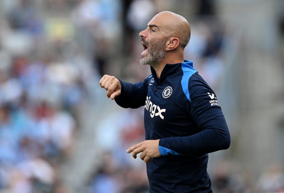 Enzo Maresca, Chelsea coach, reacts in a friendly against Man City (Chelsea FC via Getty Images)