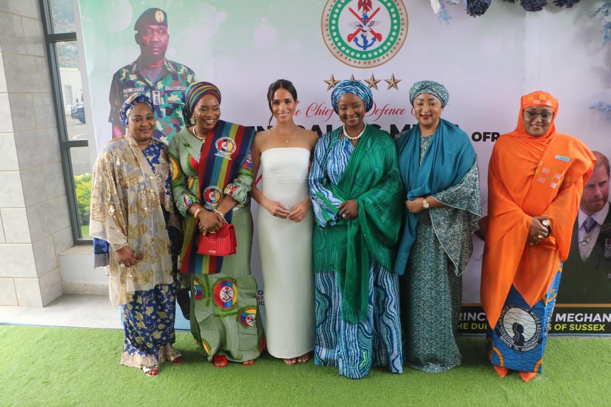 abuja, nigeria may 11 britains meghan 3th l, duchess of sussex, poses for a photo with the participants as she attends the program held in the armed forces complex in abuja, nigeria on may 11, 2024 photo by emmanuel osodianadolu via getty images