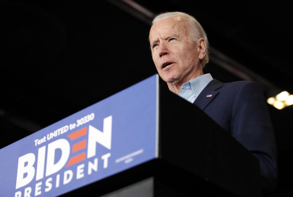 FILE - Democratic presidential candidate former Vice President Joe Biden speaks at a caucus night campaign rally on Feb. 3, 2020, in Des Moines, Iowa. (AP Photo/John Locher, File)