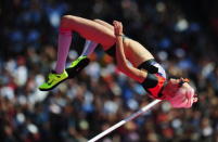 LONDON, ENGLAND - AUGUST 09: Ariane Friedrich of Germany competes during the Women's High Jump qualification on Day 13 of the London 2012 Olympic Games at Olympic Stadium on August 9, 2012 in London, England. (Photo by Stu Forster/Getty Images)