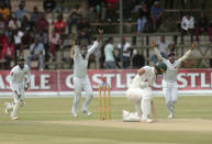 Sri Lanka players celebrate the wicket of Zimbabwe batsman Craig Ervine, during the test cricket match against Zimbabwe at Harare Sports Club, in Harare, Wednesday, Jan. 29, 2020.(AP Photo/Tsvangirayi Mukwazhi)