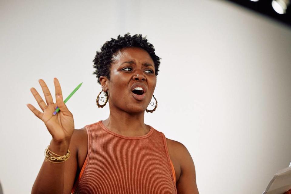 Actor Brittany Bellizeare rehearses for the world premiere of “Create Dangerously” at the Colony Theater. (Photo courtesy of FURIOSA Productions)