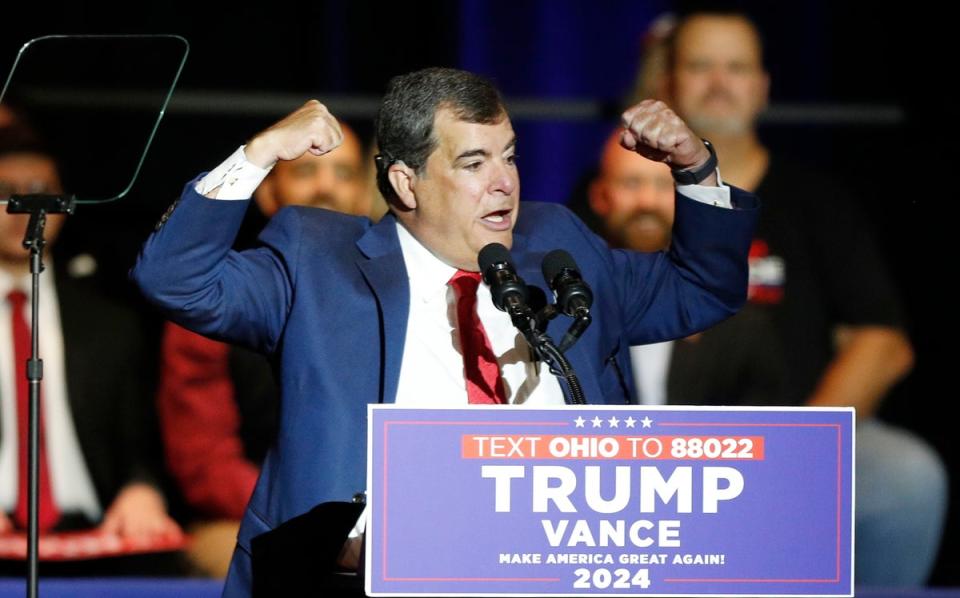 Ohio state senator George Lang speaks during a campaign rally for JD Vance in Middletown, Ohio on Monday (EPA)