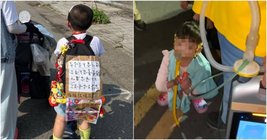 一名腦部開刀的6歲男童和戴著呼吸器的5歲女童，向大甲媽誠心祈求降福的小小身影，讓人看了為之鼻酸。（圖／翻攝自大甲鎮瀾宮臉書、記者爆料網）