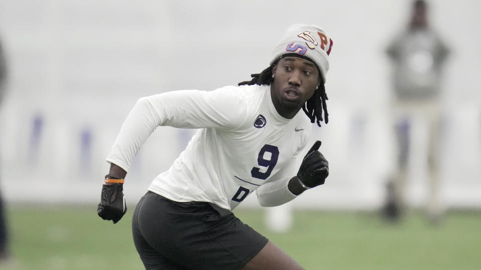 Defensive back Joey Porter Jr. runs a drill during Penn State's football pro day, in State College, Pa., Friday, March 24, 2023. (AP Photo/Gene J. Puskar)