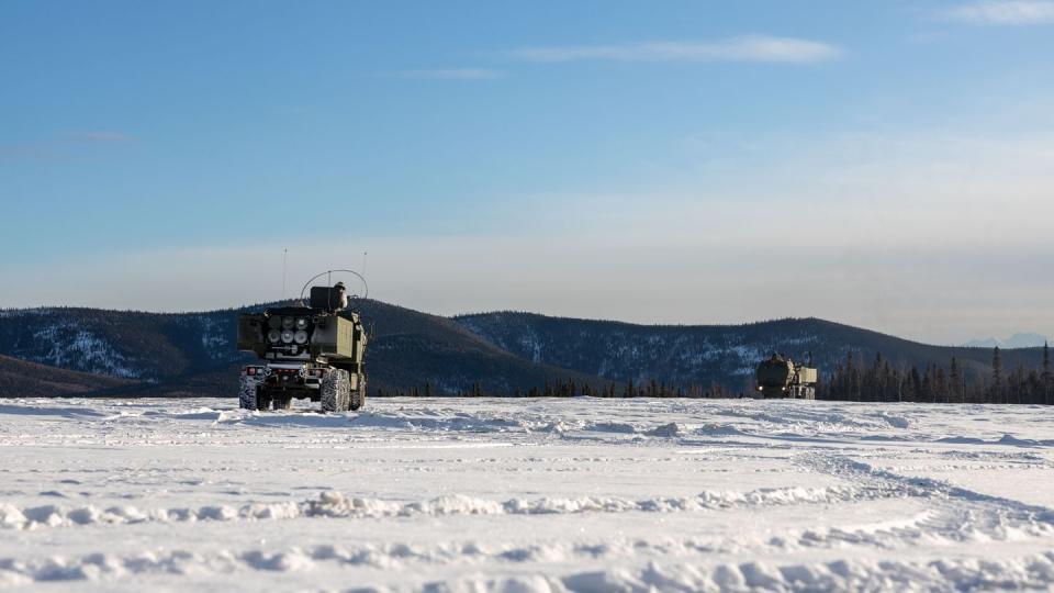 Marines execute live fire operations as part of a high mobility artillery rocket system rapid infiltration during exercise Arctic Edge 2024 at Eielson Air Force, Alaska, Feb. 24. (Lance Cpl. Madisyn Paschal/Marine Corps)