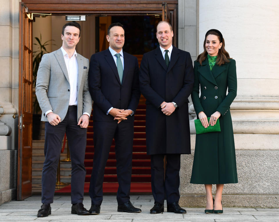DUBLIN, IRELAND - MARCH 03: Matthew Barrett, Taoiseach of Ireland Leo Varadkar, Prince William, Duke of Cambridge and Catherine, Duchess of Cambridge pose during an Official Meeting on March 03, 2020 in Dublin, Ireland. The Duke and Duchess of Cambridge are undertaking an official visit to Ireland between Tuesday 3rd March and Thursday 5th March, at the request of the Foreign and Commonwealth Office. (Photo by Karwai Tang/WireImage)