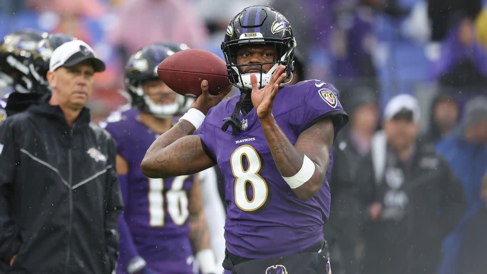 Jackson warms up prior to the game against the Los Angeles Rams at M&T Bank Stadium on December 10, 2023. - Todd Olszewski/Getty Images