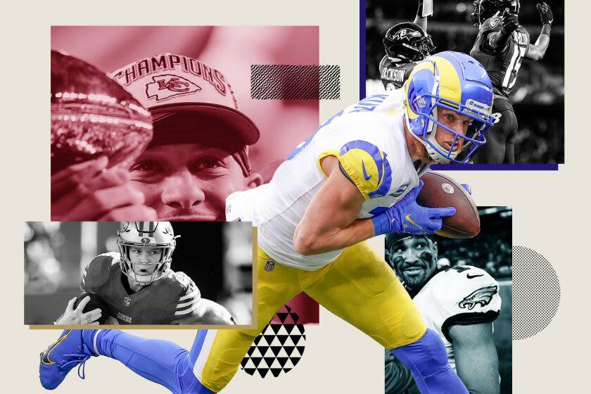 Photo illustration featuring NFL stars Cooper Kupp, Patrick Mahomes, Christian McCaffrey, Jalen Hurts and others.