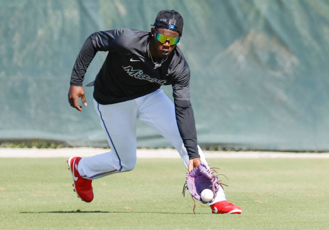 Miami Marlins outfielder Jazz Chisholm Jr. goes through fielding drills during spring training at Roger Dean Chevrolet Stadium in Jupiter, Florida on Tuesday, February 21, 2023.
