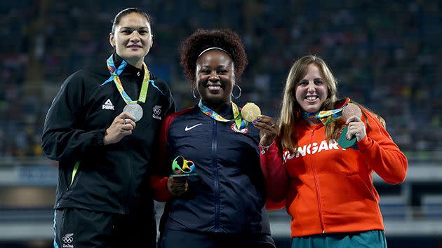 Adams was proud to wear the silver alongside Carter and Marton. Source: Getty.