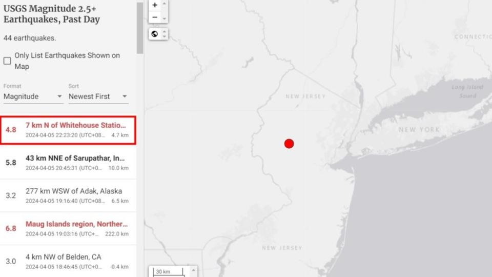 美國紐約也地牛翻身，發生規模4.8極淺層地震。(圖／翻攝USGS)