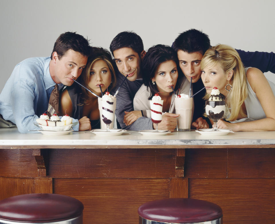 FRIENDS -- Season 2 -- Pictured: (l-r) Matthew Perry as Chandler Bing, Jennifer Aniston as Rachel Green, David Schwimmer as Ross Geller, Courteney Cox as Monica Geller, Matt LeBlanc as Joey Tribbiani, Lisa Kudrow as Phoebe Buffay  (Photo by NBCU Photo Bank/NBCUniversal via Getty Images via Getty Images)