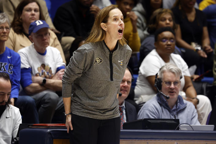 Colorado head coach JR Payne coaches her team during the second half of a first-round college basketball game against Middle Tennessee State in the NCAA Tournament, Saturday, March 18, 2023, in Durham, N.C. (AP Photo/Karl B. DeBlaker)