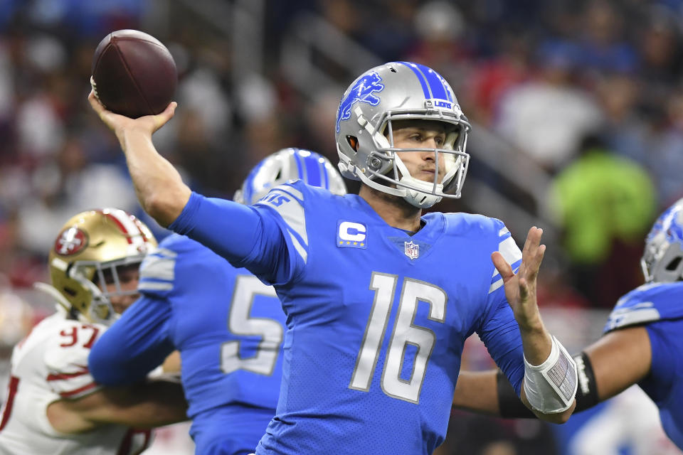 Detroit Lions quarterback Jared Goff (16) throws against the San Francisco 49ers in the second half of an NFL football game in Detroit, Sunday, Sept. 12, 2021. (AP Photo/Lon Horwedel)