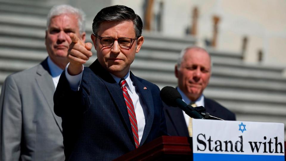 PHOTO: Speaker of the House Mike Johnson, R-La., center, Majority Whip Tom Emmer, R-Minn., left, and Majority Leader Steve Scalise, R-La., speak at a news conference at the U.S. Capitol, May 16, 2024, in Washington. (Chip Somodevilla/Getty Images)