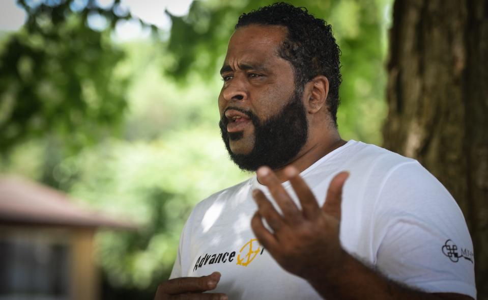 "They need to know you love them - that someone actually cares," Aaron Blankenburg, 47, of Advance Peace said Friday, July 14, 2023, during an interview at Wainright Park in the Churchill Downs neighborhood in Lansing where he grew up. Blankenburg is a mentor and liaison working to mitigate disputes and gun violence amongst youth.