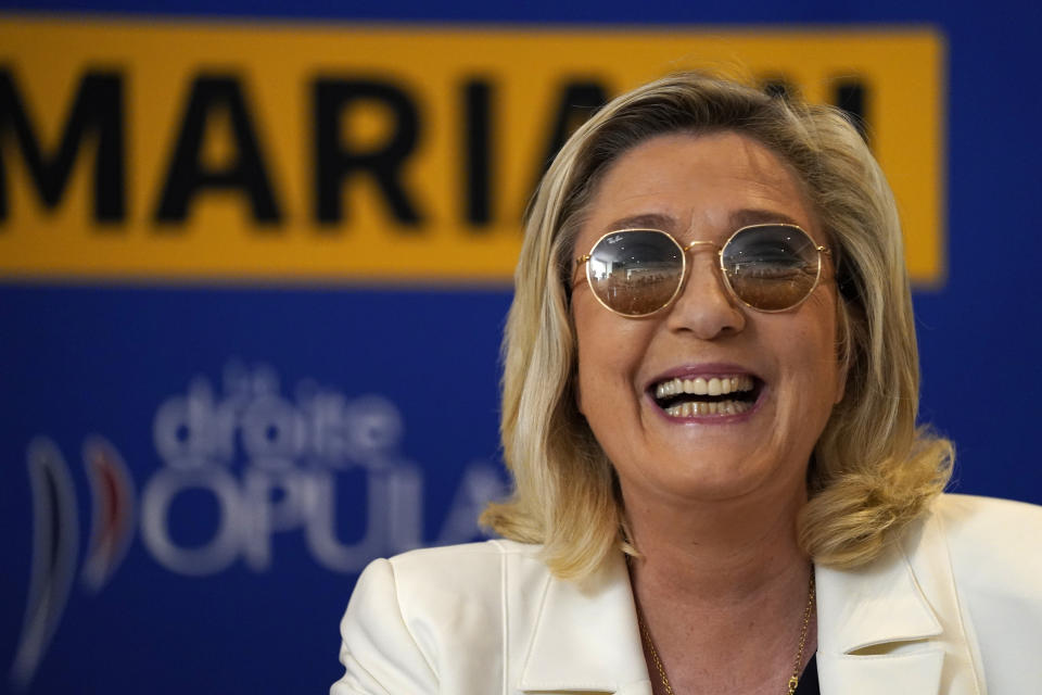 Far-right leader Marine le Pen smiles during a press conference in Toulon, southern France, Thursday, June 17, 2021. Although the winner of Sundays June 20 and 27 in the regional elections will only deal with local issues, Marine Le Pen's Rassemblement National (National Rally) party could for the first time capture one of France's 13 regions. (AP Photo/Daniel Cole)