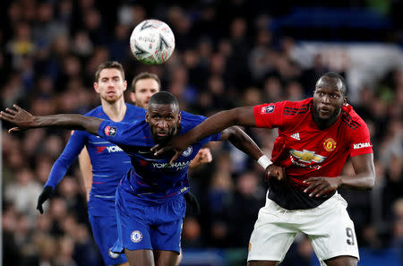 Soccer Football - FA Cup Fifth Round - Chelsea v Manchester United - Stamford Bridge, London, Britain - February 18, 2019 Chelsea's Antonio Rudiger in action with Manchester United's Romelu Lukaku REUTERS/David Klein