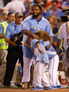 American League All-Star Prince Fielder #28 of the Detroit Tigers celebrates with sons Haven (R) and Jaden after winning the State Farm Home Run Derby at Kauffman Stadium on July 9, 2012 in Kansas City, Missouri. (Photo by Jamie Squire/Getty Images)