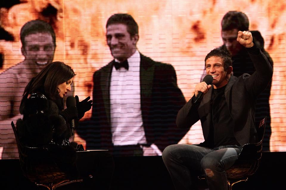 Alex Reid is interviewed on stage by Davina McCall after winning the Celebrity Big Brother Final, at Elstree Studios, Borehamwood, Hertfordshire   (Photo by Yui Mok/PA Images via Getty Images)