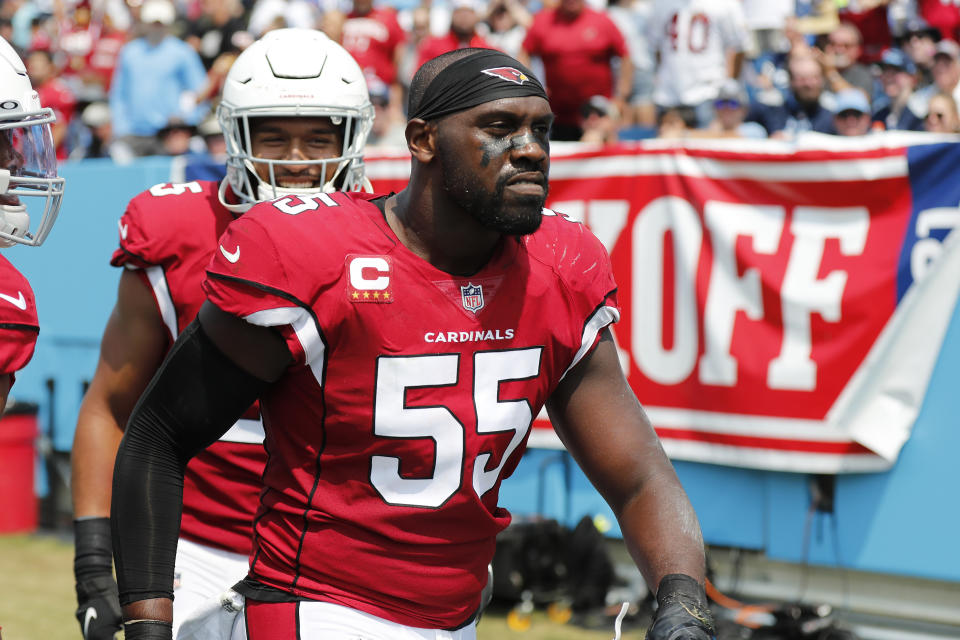 Chandler Jones #55 of the Arizona Cardinals reacts against the Tennessee Titans during the first half at Nissan Stadium on September 12, 2021 in Nashville, Tennessee. (Photo by Wesley Hitt/Getty Images)