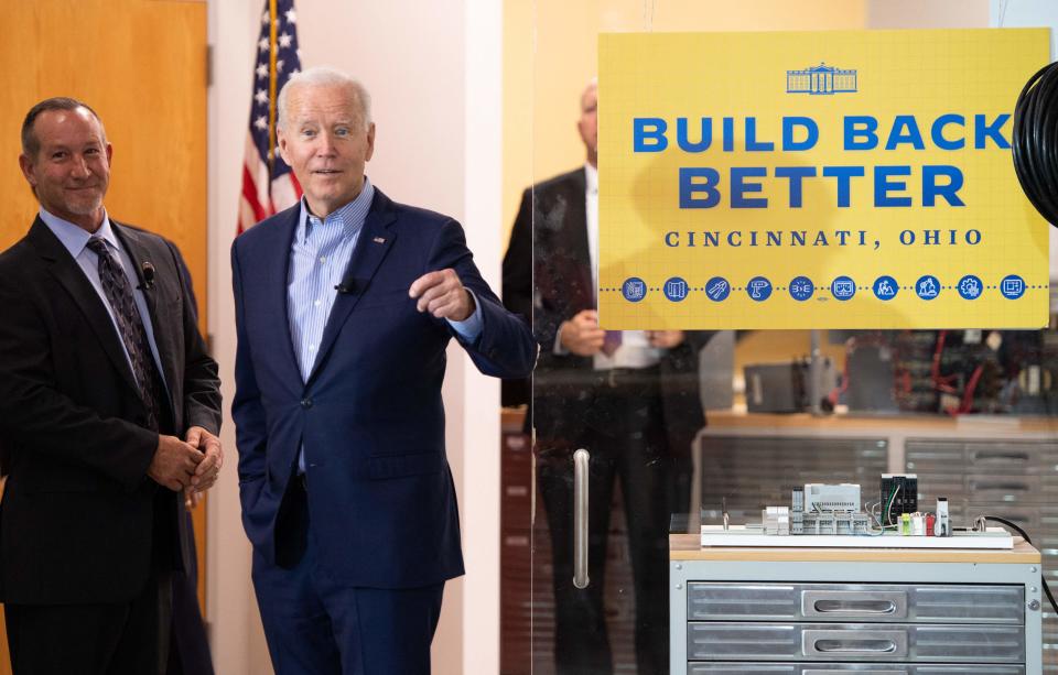 President Joe Biden tours an electrical workers training center in Cincinnati, Ohio, on July 21, 2021.