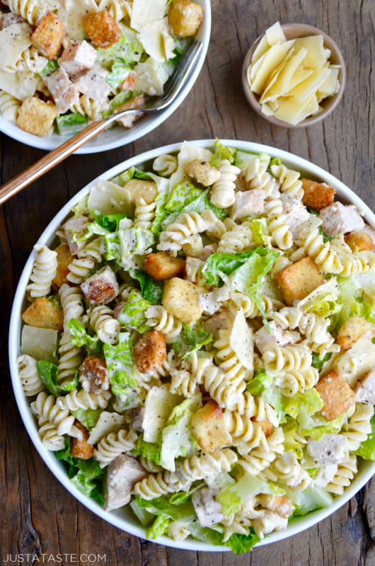 <p>Just a Taste</p><p>Whip up a 20-minute meal in-a-bowl with a refreshing recipe for Chicken Caesar Pasta Salad starring DIY dressing.</p><p><strong>Get the recipe: <a href="https://www.justataste.com/chicken-caesar-pasta-salad-recipe/" rel="nofollow noopener" target="_blank" data-ylk="slk:Chicken Caesar Pasta Salad;elm:context_link;itc:0;sec:content-canvas" class="link ">Chicken Caesar Pasta Salad</a></strong></p>