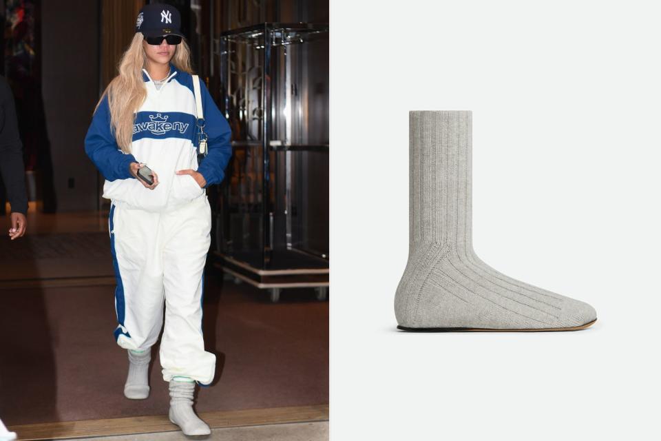 <p>Robert Kamau/GC Images; Bottega</p> Rihanna plays tricks on the eye in Bottega Veneta sock boots