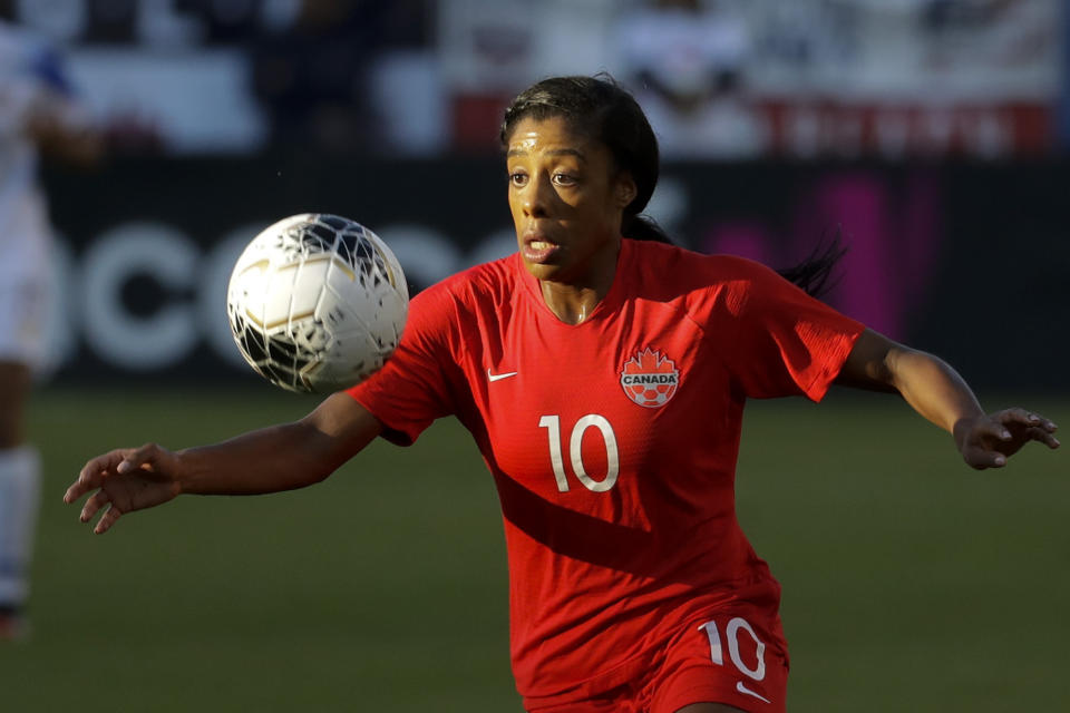 Canada defender Ashley Lawrence brings the ball downfield during the first half of a CONCACAF women's Olympic qualifying soccer match against Costa Rica on Friday, Feb. 7, 2020, in Carson, Calif. (AP Photo/Chris Carlson)