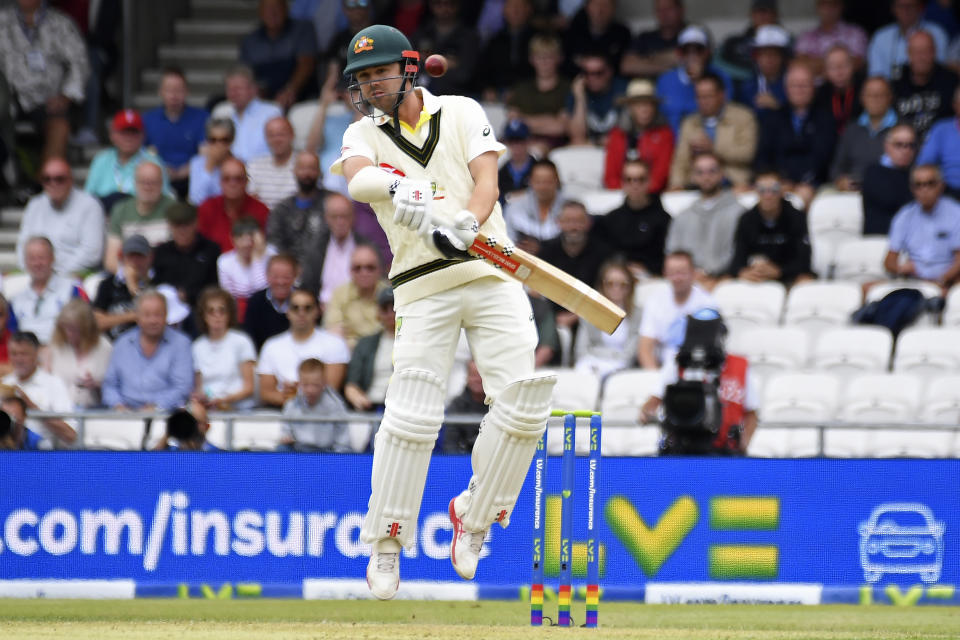 Australia's Travis Head leaves a rising delivery during the first day of the third Ashes Test match between England and Australia at Headingley, Leeds, England, Thursday, July 6, 2023. (AP Photo/Rui Vieira)