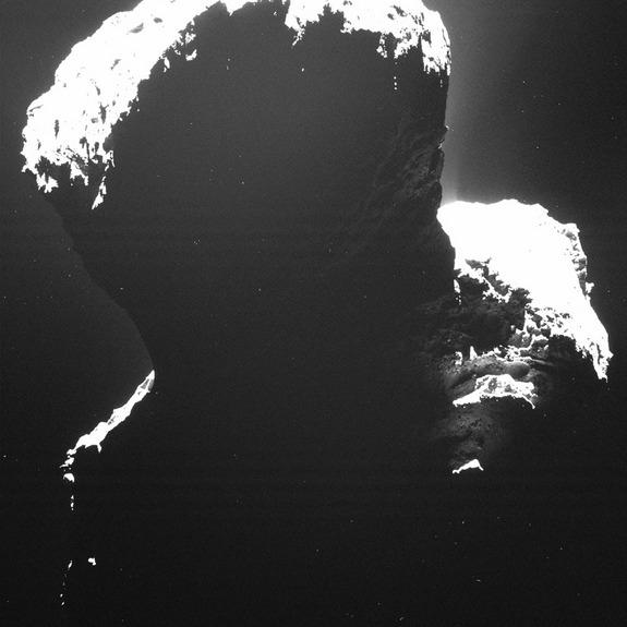 Comet 67P's "dark side," its southern polar region, as imaged by Rosetta's Optical, Spectroscopic and Infrared Remote Imaging System. This region, in shadow for 5.5 years, has only recently been touched by sunlight.