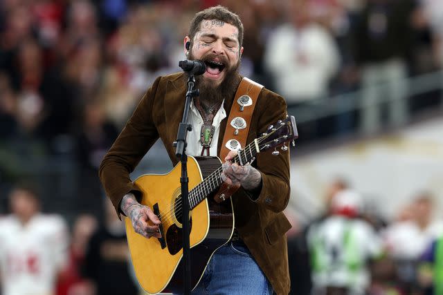 <p>Jamie Squire/Getty</p> Post Malone performing at the 2024 Super Bowl