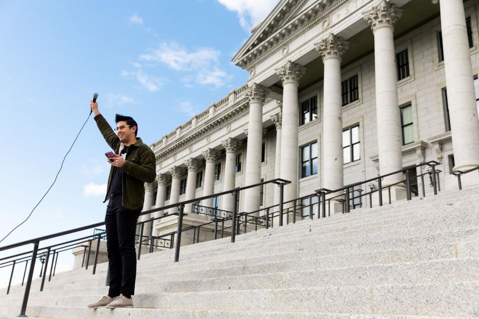 Alexander Bybee speaks at the "I Stand with All Immigrants Rally" in front of the Utah Capitol in Salt Lake City on Saturday.