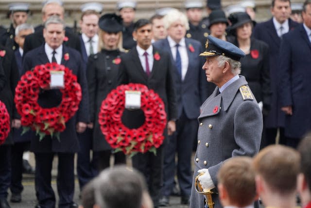 The King during the Remembrance Sunday service at the Cenotaph 