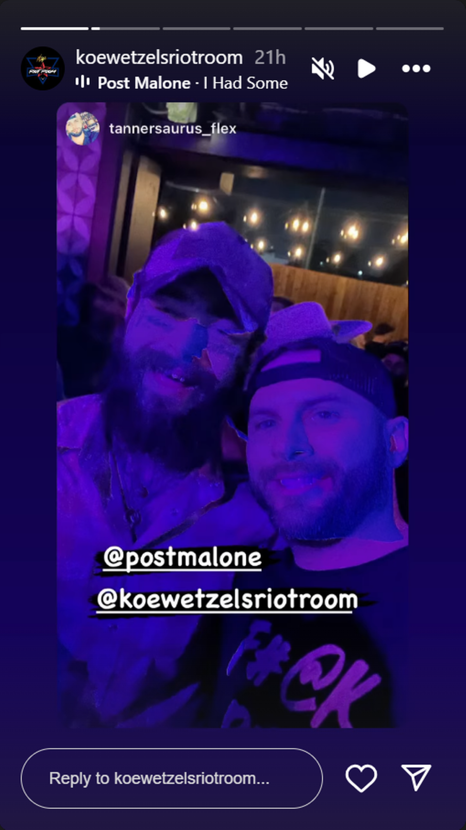 A screenshot of Riot Room’s Instagram story, showing Post Malone selfie with bar guest, Tanner Scott on Tuesday, May 15, 2024.