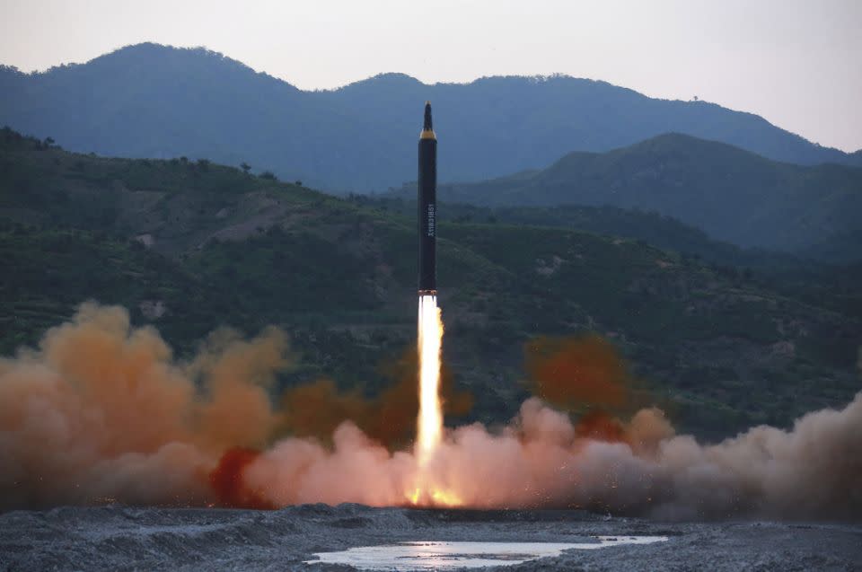 The Hwasong-14 missile reached an altitude of 2802 kilometres and hit its target in Japan's Exclusive Economic Zone after 39 minutes. Photo: AP