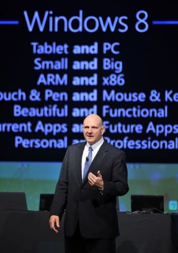 Microsoft CEO Steve Ballmer delivers a speech at the Seoul Digital Forum in Seoul in May 2012. Microsoft's much-anticipated Windows 8 operating system is set to take pride of place as tens of thousands of people head to Asia's leading IT fair opening in Taiwan