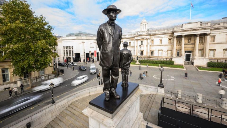 london, england september 28 the latest artwork to be displayed on the fourth plinth antelope by samson kambalu, is seen at trafalgar square on september 28, 2022 in london, england the sculpture recreates a 1914 photograph of malawian baptist preacher and pan africanist john chilembwe and european missionary john chorley in the image, chilembwe keeps his hat on, in defiance of the colonial rule that forbade africans from wearing hats when in the company of white people in the sculpture, chorley remains life sized while chilembwe is much larger, elevating the man and his story the fourth plinth in the northwest corner of londons trafalgar square is a platform for changing art installations originally erected to hold an equestrian statue of william iv in 1841, the project was abandoned due to a lack of funds since 1998 the plinth has been used to exhibit a dozen artworks photo by leon nealgetty images