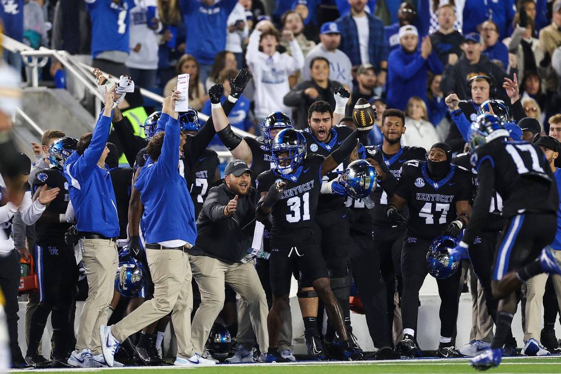 Kentucky cornerback Maxwell Hairston (31) celebrated after intercepting his fifth pass of the season during UK’s 38-21 loss to Missouri two weeks ago. Hairston is one of only three players in the FBS with as many as five picks.