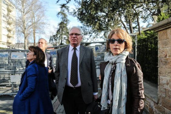 Agnes Callamard (right), UN special rapporteur on executions, stands in front of the Saudi consulate in Istanbul (EPA)