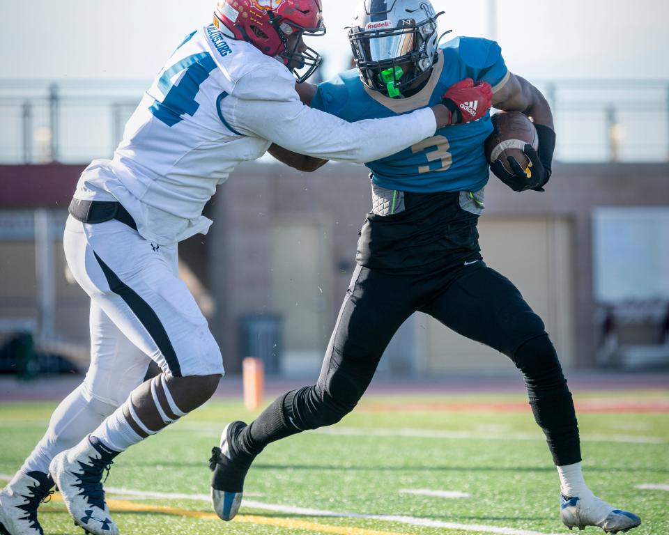 Silverado’s Fredrick Hunter shakes off a defender during the ALADS Antelope Valley vs. Victor Valley All-Star Football Classic on Saturday, Feb. 4, 2023.