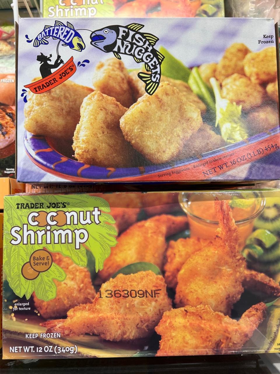 Packages of coconut shrimp and fish nuggets.