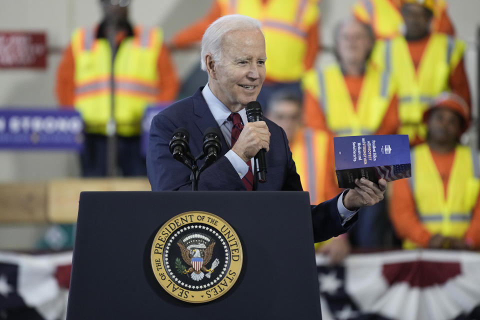 President Joe Biden speaks at a training center run by Laborers' International Union of North America, Wednesday, Feb. 8, 2023, in Deforest, Wis. (AP Photo/Morry Gash)