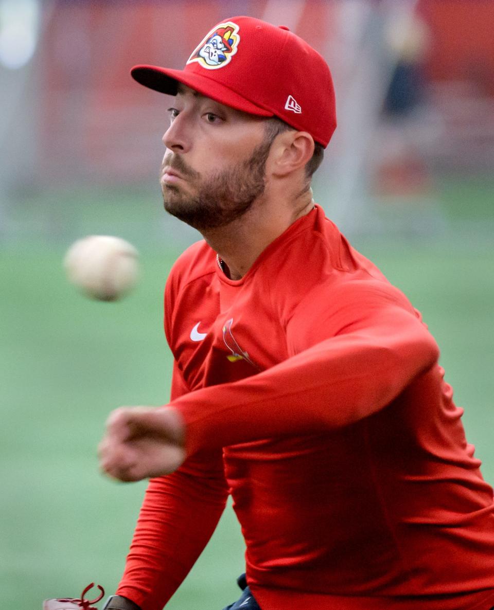 Ace leftie Cooper Hjerpe throws during a Peoria Chiefs practice Wednesday, April 3, 2024 in the Louisville Slugger dome in Peoria.