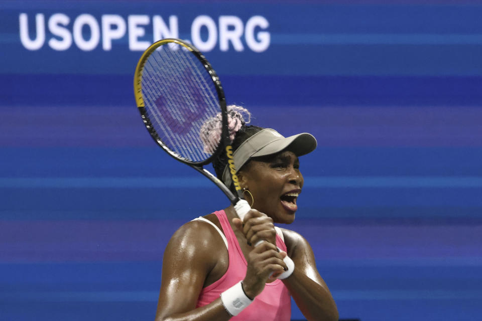 Venus Williams, of the United States, reacts during a match against Greet Minnen, of Belgium, at the first round of the U.S. Open tennis championships, Tuesday, Aug. 29, 2023, in New York. (AP Photo/Jason DeCrow)