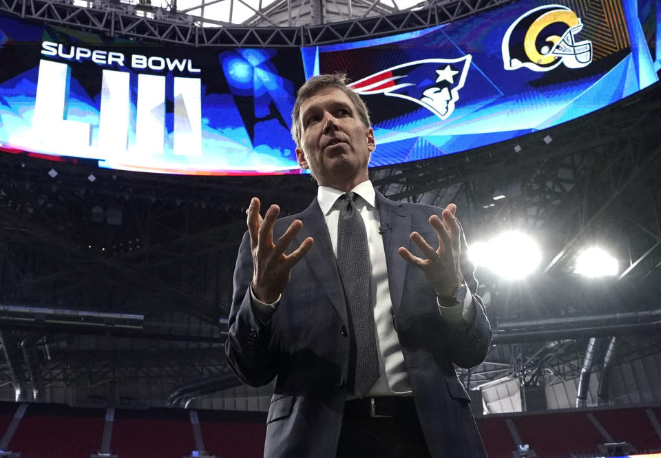 FILE - In this Jan. 29, 2019, file photo, NFL Chief Medical Officer Dr. Allen Sills gestures while speaking during a health and safety tour at Mercedes-Benz Stadium for the NFL Super Bowl 53 football game in Atlanta. Sills says the league is establishing a new two-step protocol for player and coaches who have no known history of the COVID infection and receive a positive test. He said any individual in that circumstance and who is also asymptomatic will then be given two confirmatory tests on the day following the positive test result. (AP Photo/David J. Phillip, File)