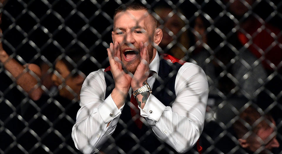 UFC lightweight champion Conor McGregor cheers on teammate Artem Lobov in his featherweight bout against Andre Fili during the UFC Fight Night event in Gdansk, Poland. (Jeff Bottari/Zuffa LLC/Getty Images)