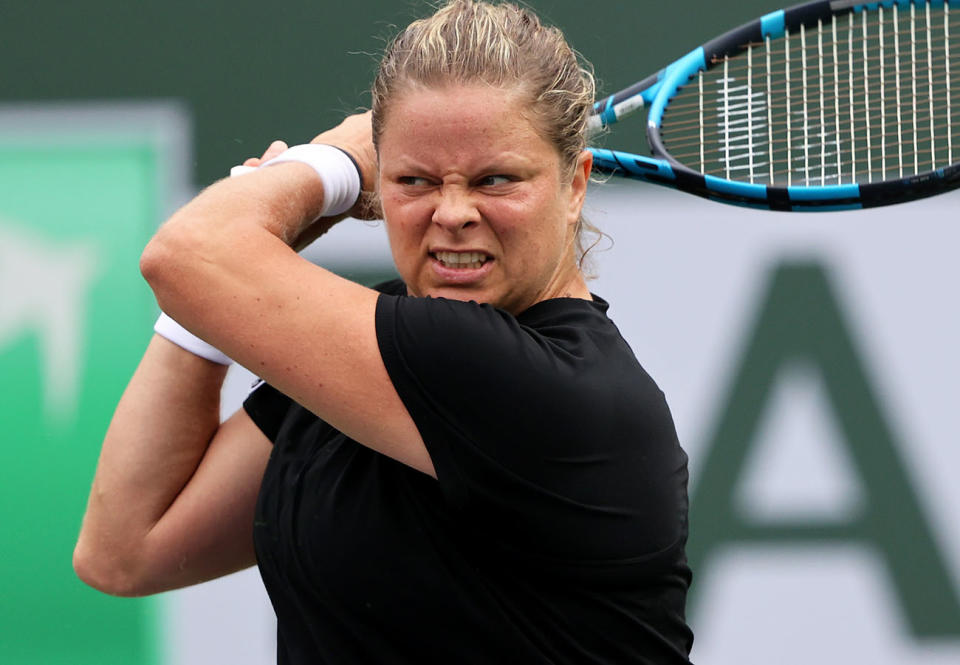 Kim Clijsters, pictured here in action against Katerina Siniakova at Indian Wells in 2021.