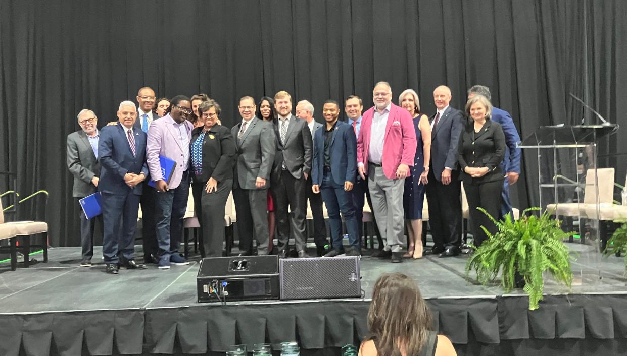 Local business leaders that delivered reports for the State of Small Business presentation gathered for a picture during the Mayor's Small Business Conference on April 30, 2024.